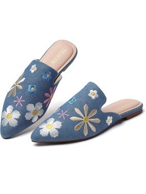 🆕 Womens Blue Shoes Denim Floral Pointed Toe Flat Backless Slipper Mule